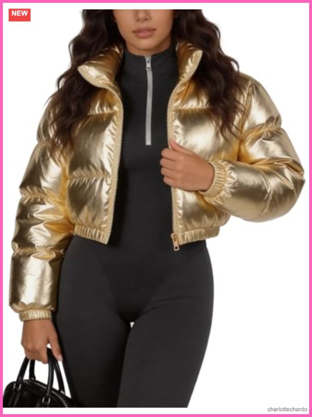 Metallic Shiny Cropped Puffer Jacket Zip Up Quilted Winter Coat